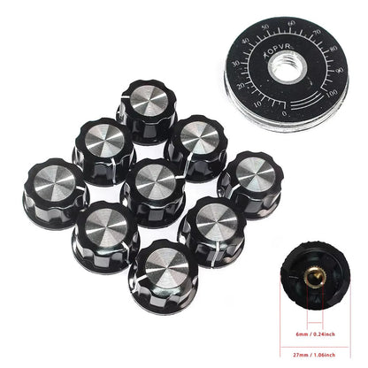 Kit de Perilla MF-A03 con Escala para Potenciómetro | Plástico / Metal | 27mm x 15mm | Eje 6mm | Escala 0-100 | CE-POT-10
