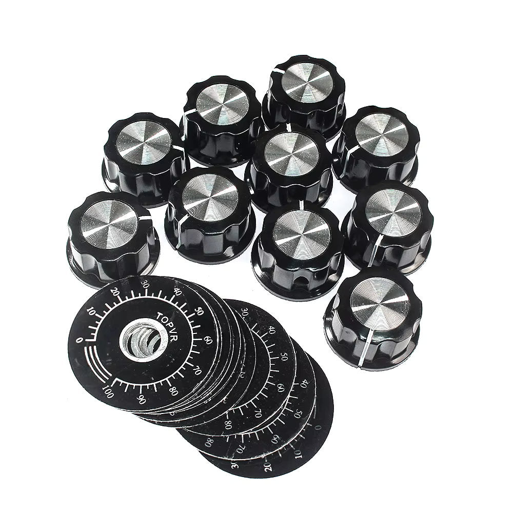 Kit de Perilla MF-A03 con Escala para Potenciómetro | Plástico / Metal | 27mm x 15mm | Eje 6mm | Escala 0-100 | CE-POT-10