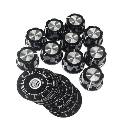 Kit de Perilla MF-A03 con Escala para Potenciómetro | Plástico / Metal | 27mm x 15mm | Eje 6mm | Escala 0-100 | CE-POT-10