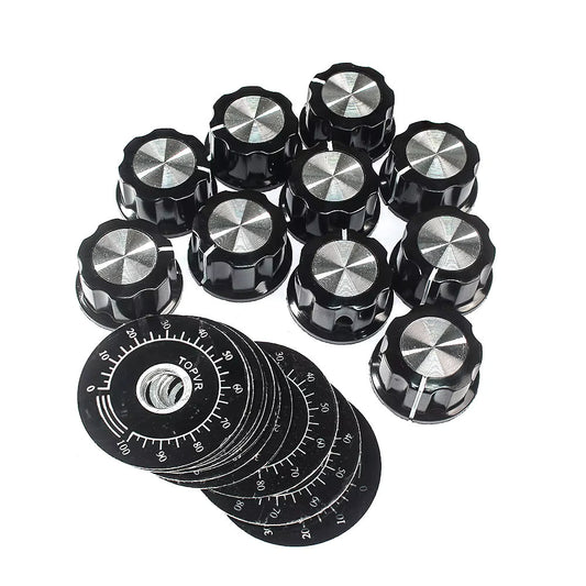 Kit de Perilla MF-A03 con Escala para Potenciómetro | Plástico / Metal | 27mm x 15mm | Eje 6mm | Escala 0-100 | CE-POT-10
