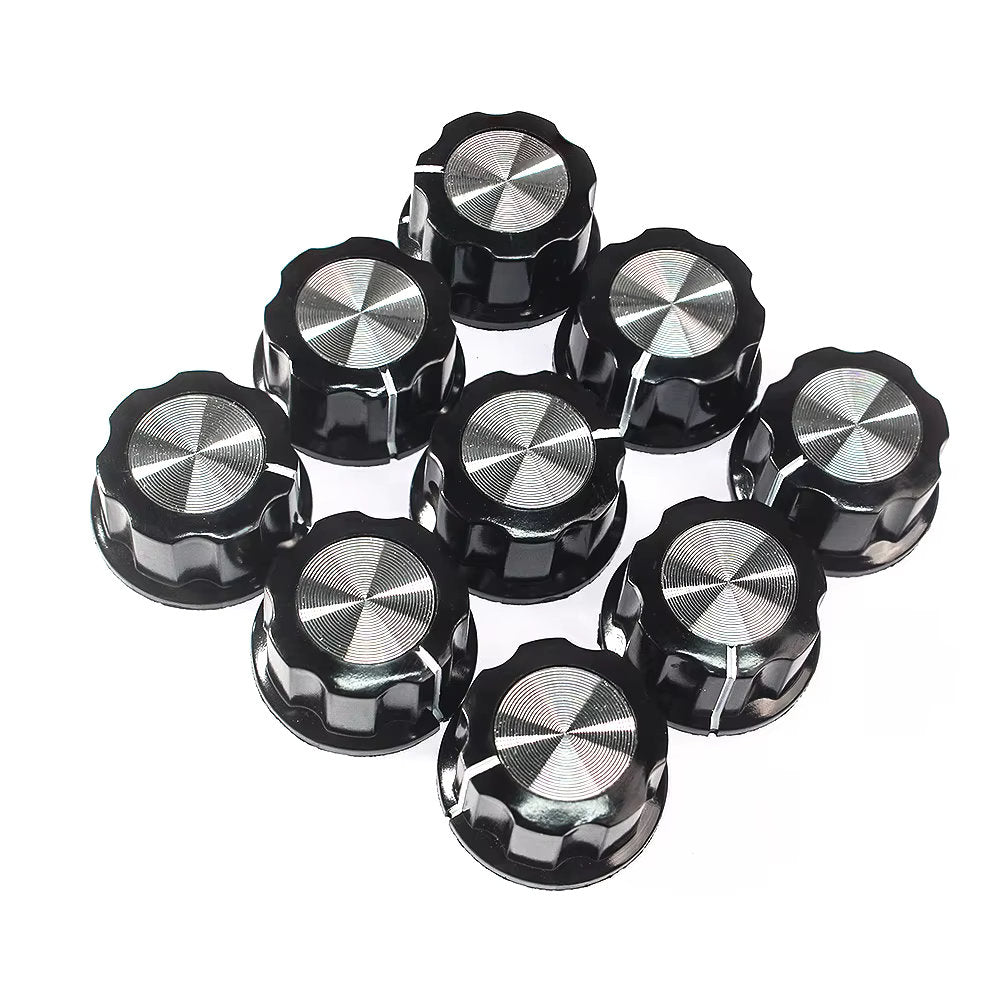 Kit de Perilla MF-A03 con Escala para Potenciómetro | Plástico / Metal | 27mm x 15mm | Eje 6mm | Escala 0-100 | CE-POT-10