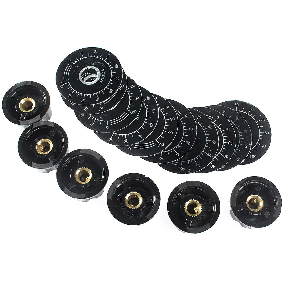 Kit de Perilla MF-A03 con Escala para Potenciómetro | Plástico / Metal | 27mm x 15mm | Eje 6mm | Escala 0-100 | CE-POT-10