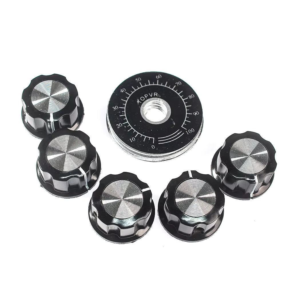 Kit de Perilla MF-A03 con Escala para Potenciómetro | Plástico / Metal | 27mm x 15mm | Eje 6mm | Escala 0-100 | CE-POT-10