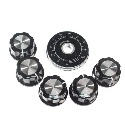 Kit de Perilla MF-A03 con Escala para Potenciómetro | Plástico / Metal | 27mm x 15mm | Eje 6mm | Escala 0-100 | CE-POT-10