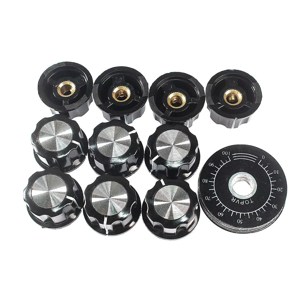 Kit de Perilla MF-A03 con Escala para Potenciómetro | Plástico / Metal | 27mm x 15mm | Eje 6mm | Escala 0-100 | CE-POT-10