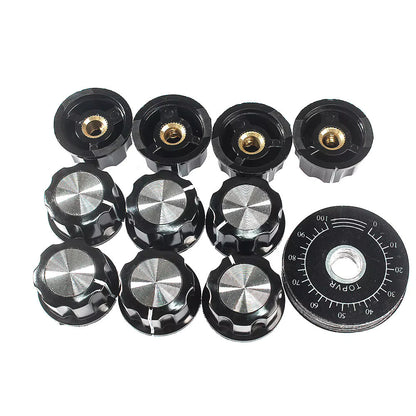 Kit de Perilla MF-A03 con Escala para Potenciómetro | Plástico / Metal | 27mm x 15mm | Eje 6mm | Escala 0-100 | CE-POT-10