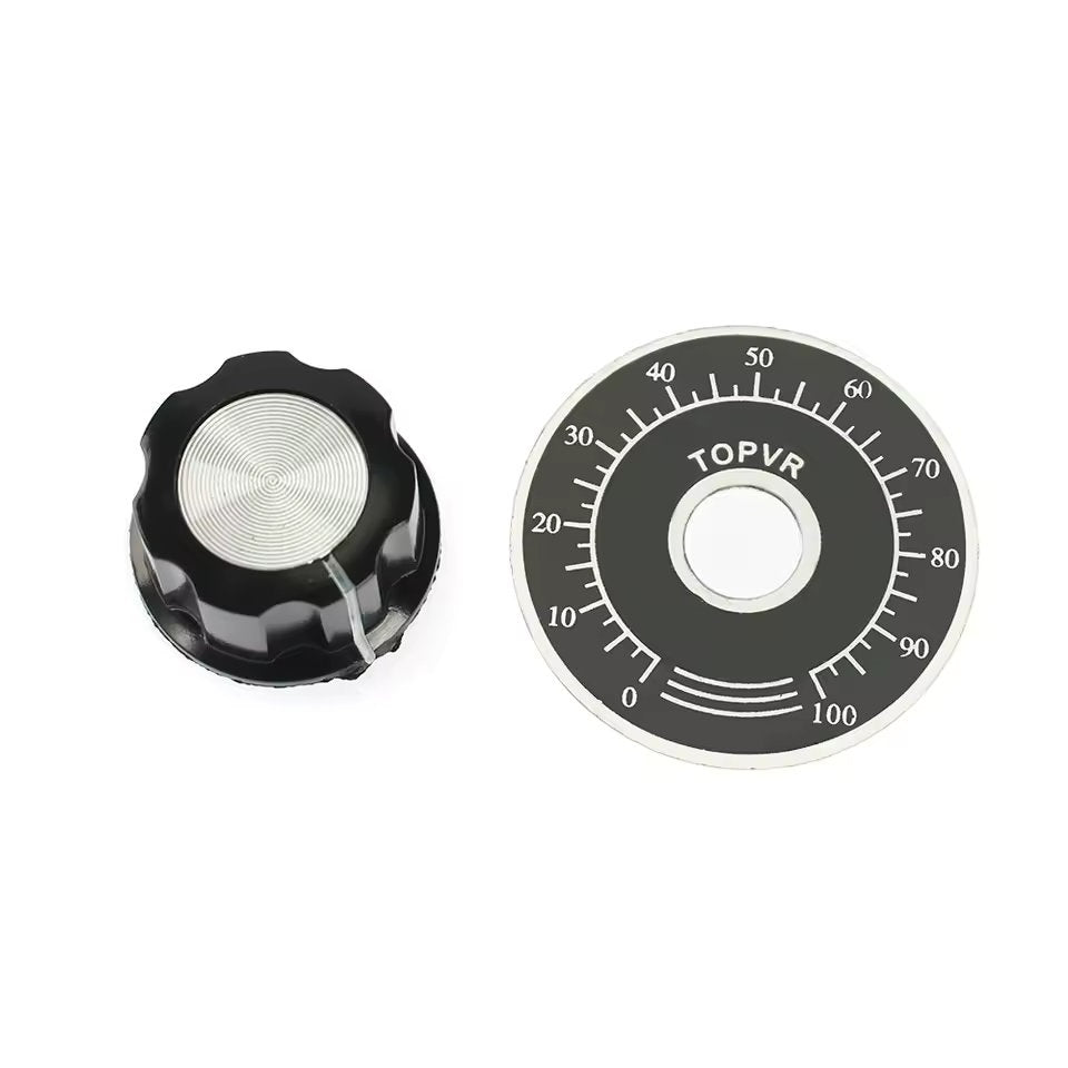 Kit de Perilla MF-A03 con Escala para Potenciómetro | Plástico / Metal | 27mm x 15mm | Eje 6mm | Escala 0-100 | CE-POT-10