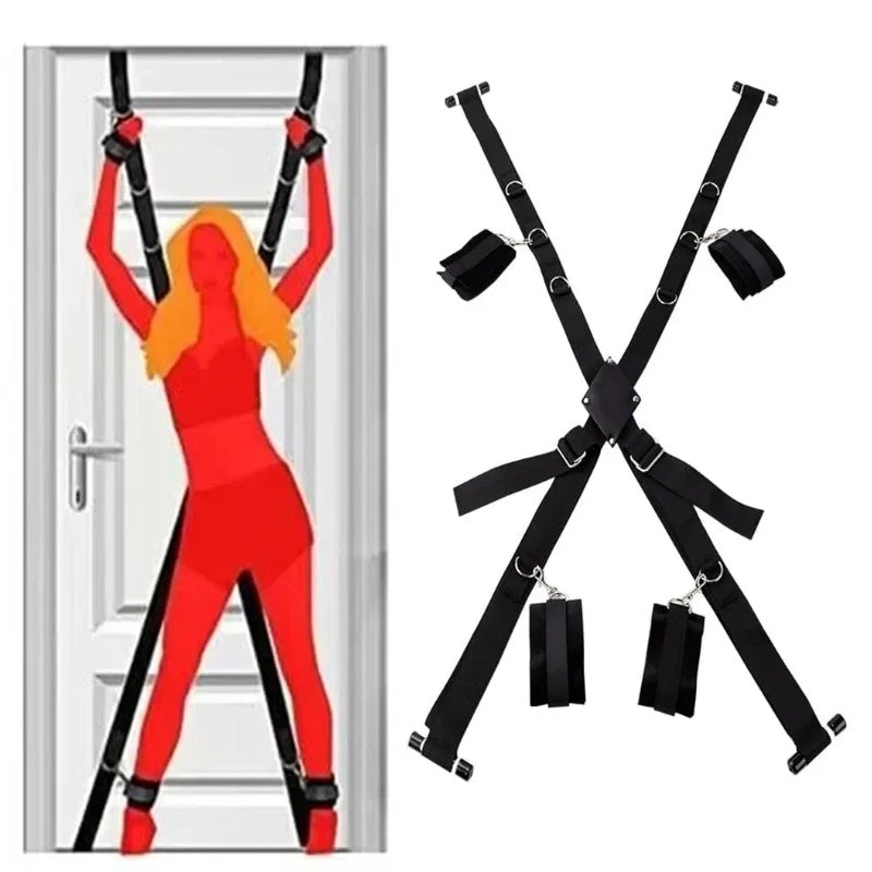 Arnés con Esposas para Puerta | Posiciones Sexuales / Bondage | Ajustable | Negro | CJS-AR-15