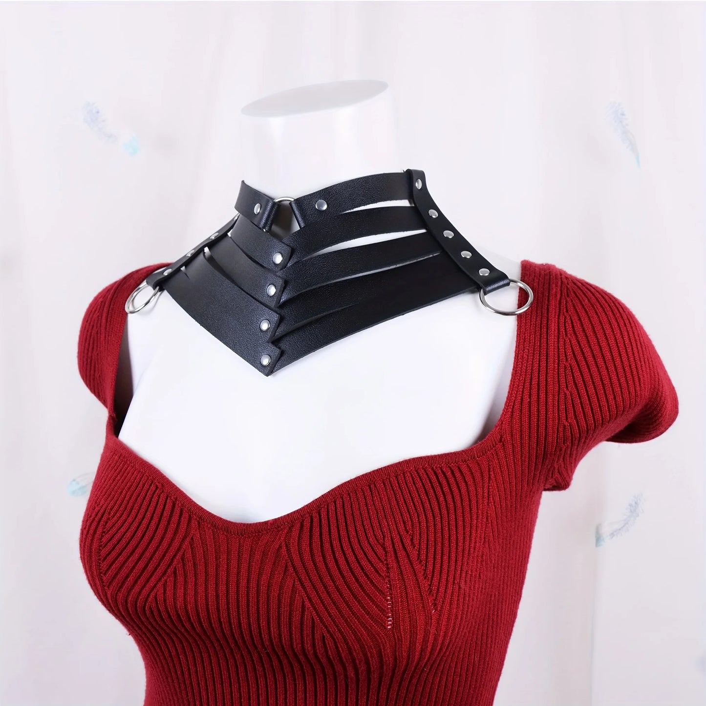 Collar Gótico Punk Tipo Arnés con Argollas Metálicas | Cuero Sintético | Negro | CJS-AR-16
