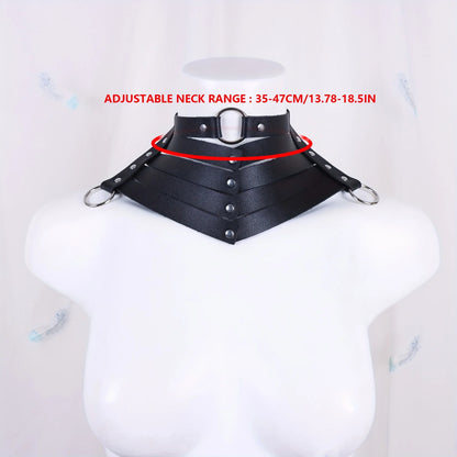 Collar Gótico Punk Tipo Arnés con Argollas Metálicas | Cuero Sintético | Negro | CJS-AR-16