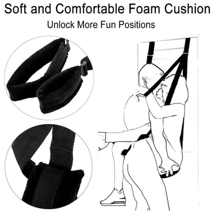 Arnés / Columpio para Puerta con Asiento, Esposas y Soportes para Piernas Acolchadas | Posiciones Sexuales | Ajustable | Negro | CJS-AR-17