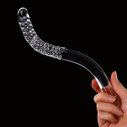 Dildo - Consolador | 26.5cm / 3.1cm | Doble Cabeza | Curvo con Relieve / Texturas | Transparente | Vidrio | CJS-CO-32