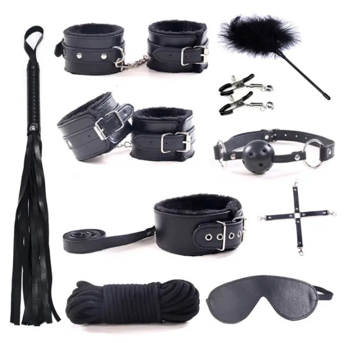 Kit BDSM | 10 Piezas | Negro / Rojo / Rosado | Cuerina | CJS-KB-03