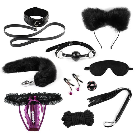 Kit BDSM | 10 Piezas | Negro-Morado | Cuerina | CJS-KB-04