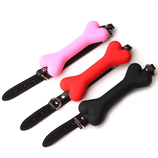 Mordaza - Hueso | BDSM | Negro / Rojo / Rosado | Ajustable | Silicona + Cuerina | CJS-MO-05