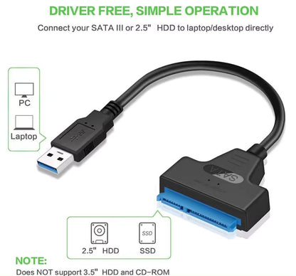 Adaptador USB 3.0 -> Sata 7+15 Pines | Uso en Discos Duros de 2.5" | CTE-ADA-14