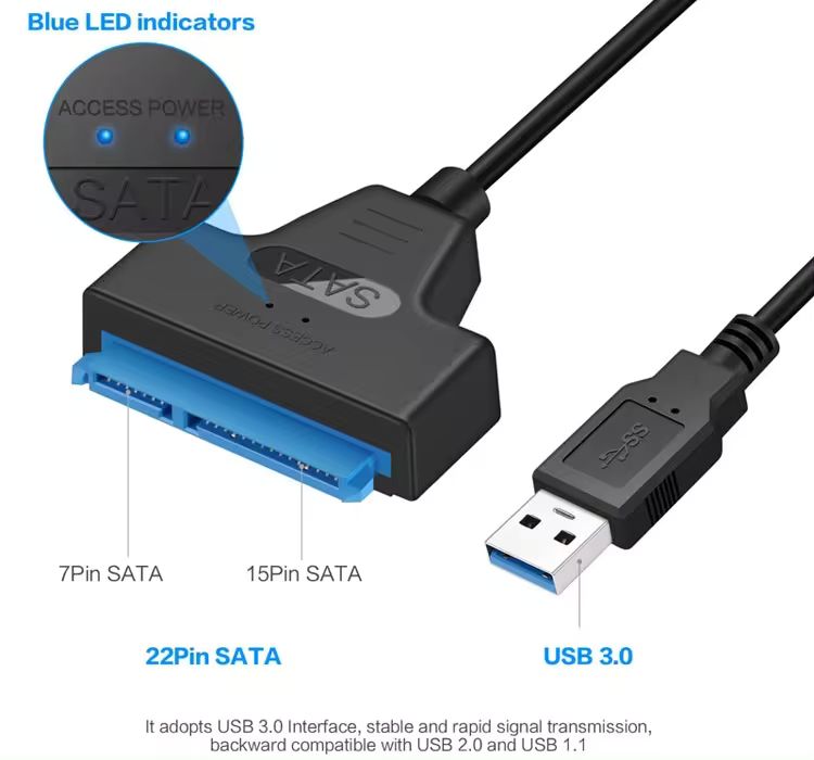 Adaptador USB 3.0 -> Sata 7+15 Pines | Uso en Discos Duros de 2.5" | CTE-ADA-14