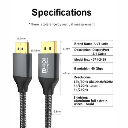 Cable DisplayPort 2.1 | ULT-unite | 4K / 240Hz | 1m / 2m / 3m | 40Gbps | CTE-CAB-13