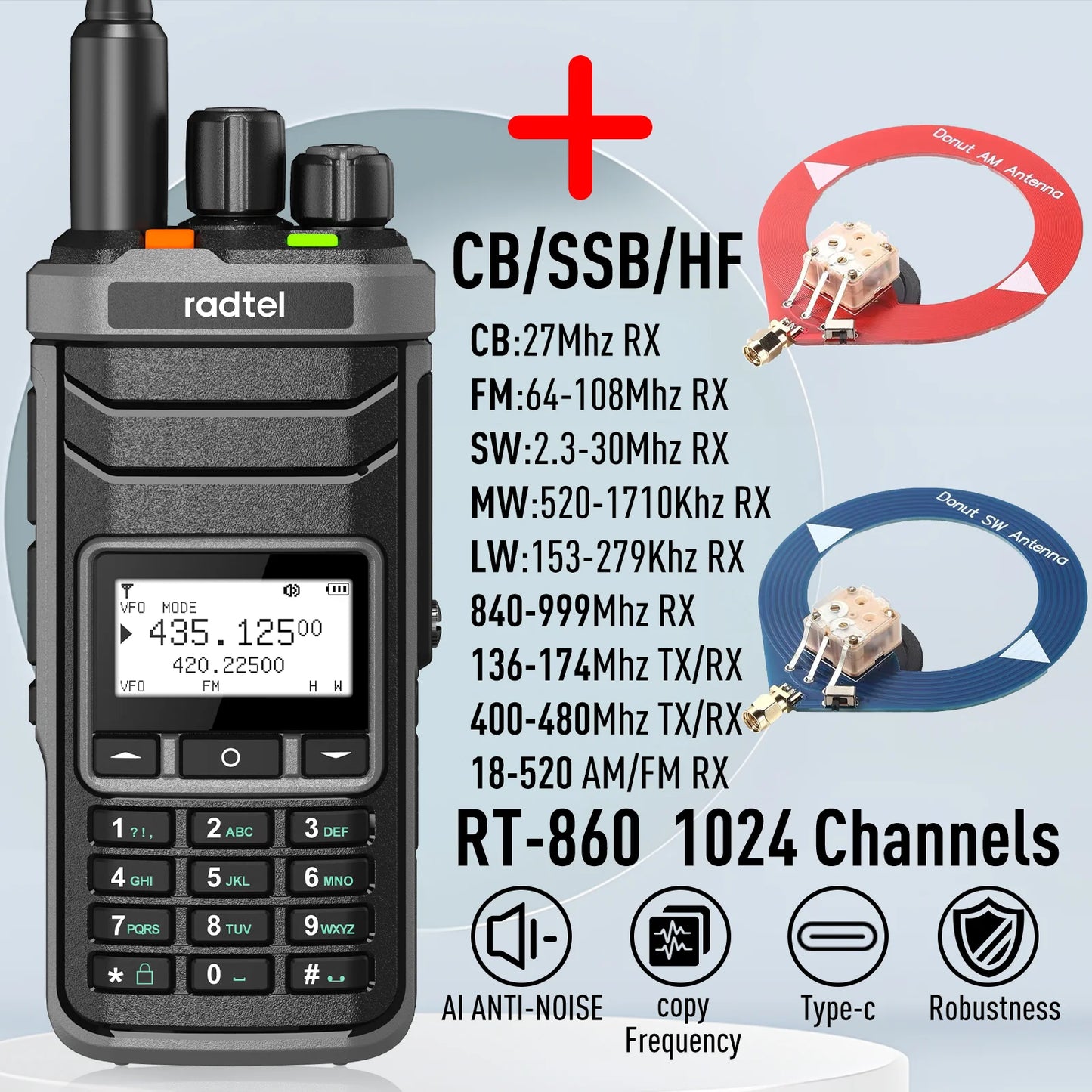 Radio de Comunicación Radtel RT-860 | UHF / VHF / CB / AM | 5W | USB C | Análogo