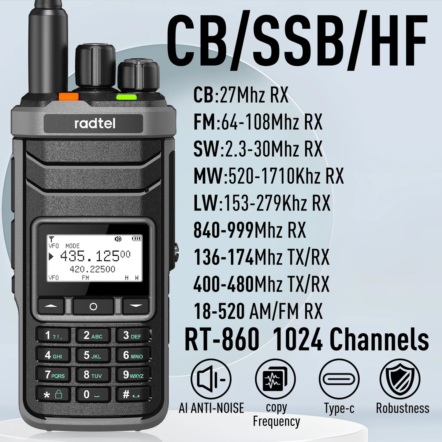 Radio de Comunicación Radtel RT-860 | UHF / VHF / CB / AM | 5W | USB C | Análogo