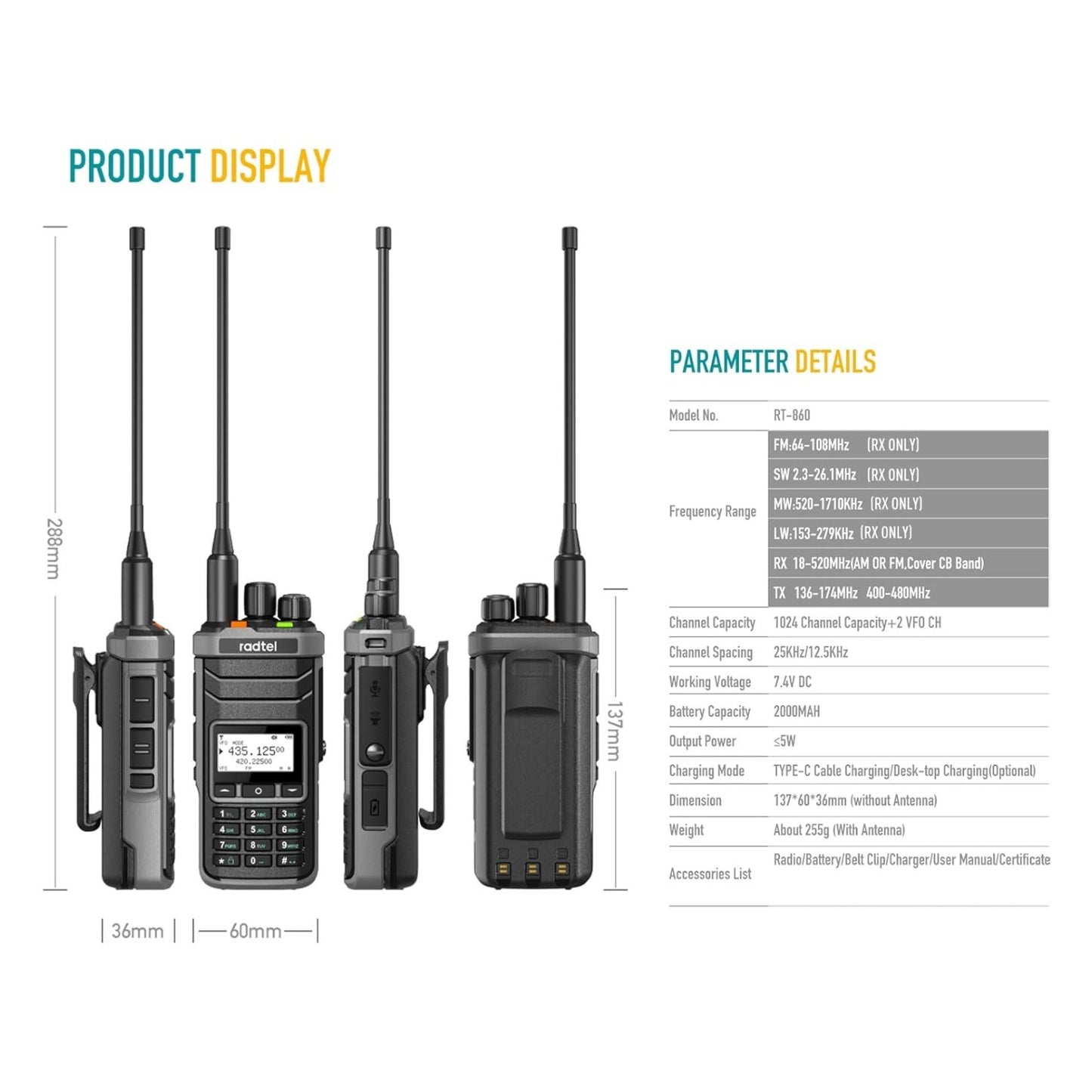 Radio de Comunicación Radtel RT-860 | UHF / VHF / CB / AM | 5W | USB C | Análogo