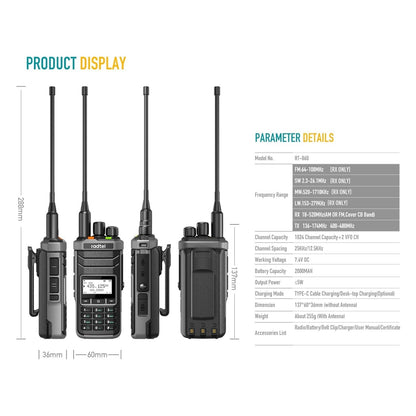 Radio de Comunicación Radtel RT-860 | UHF / VHF / CB / AM | 5W | USB C | Análogo