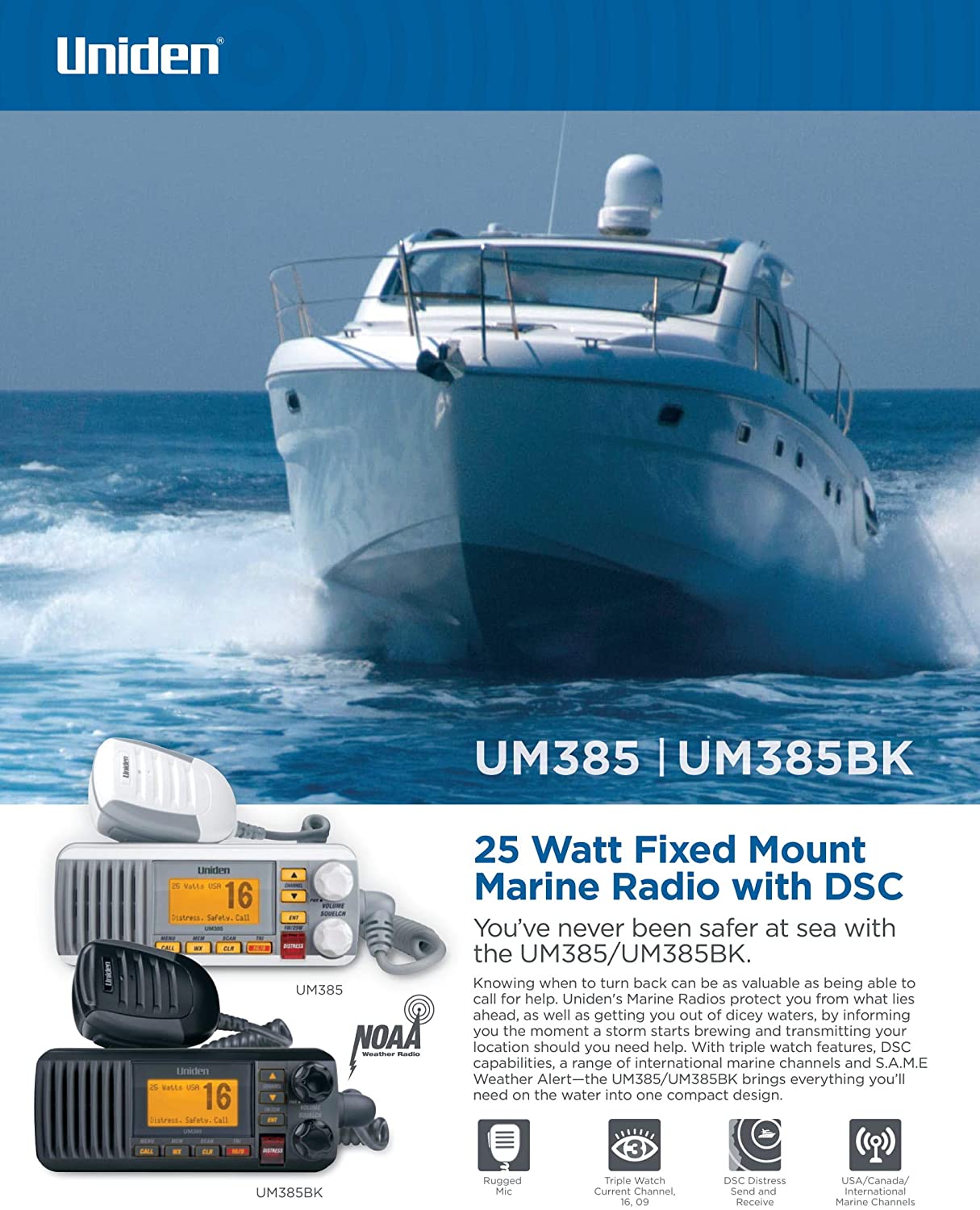 Uniden UM385BK | Marino | Móvil - 25W | IPX4 / JIS4