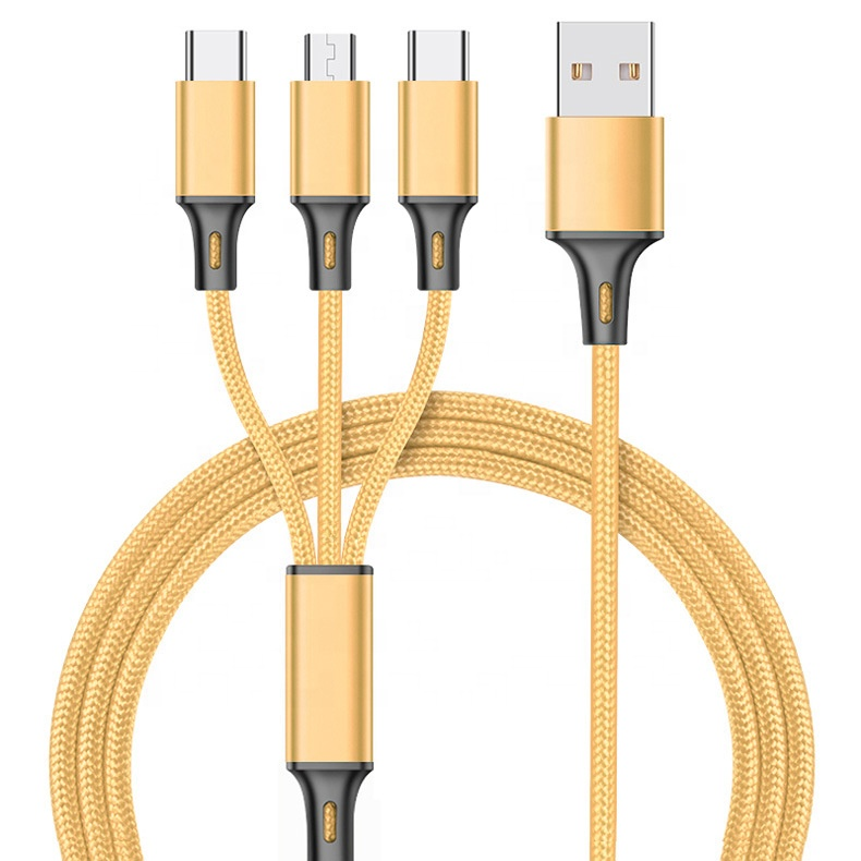 Cable USB 3 en 1 | USB A -> USB Micro B + Lightning + USB C | 1.2m | Negro / Azul / Rojo / Plateado / Amarillo | CCE-CUS-05