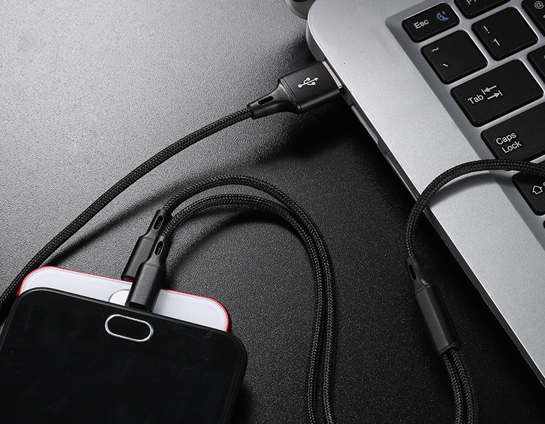 Cable USB 3 en 1 | USB A -> USB Micro B + Lightning + USB C | 1.2m | Negro / Azul / Rojo / Plateado / Amarillo | CCE-CUS-05