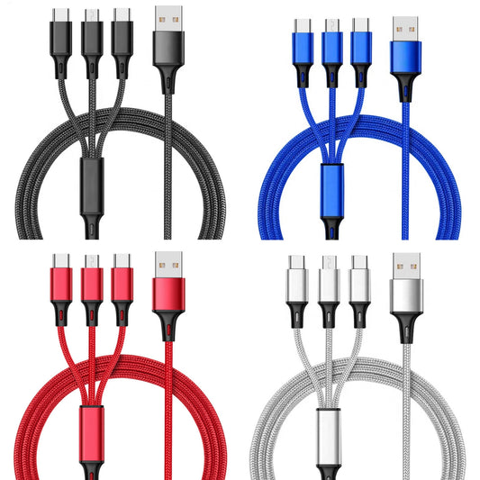 Cable USB 3 en 1 | USB A -> USB Micro B + Lightning + USB C | 1.2m | Negro / Azul / Rojo / Plateado / Amarillo | CCE-CUS-05