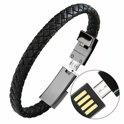 Cable USB / Pulsera | 22cm | USB A -> USB C / USB Micro B / Lightning | Negro | Cuerina | CCE-CUS-10