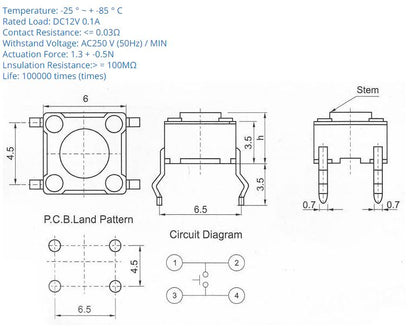 Pulsador SPST | 5 Pack | 6x6x4.3mm | CE-PUL-02