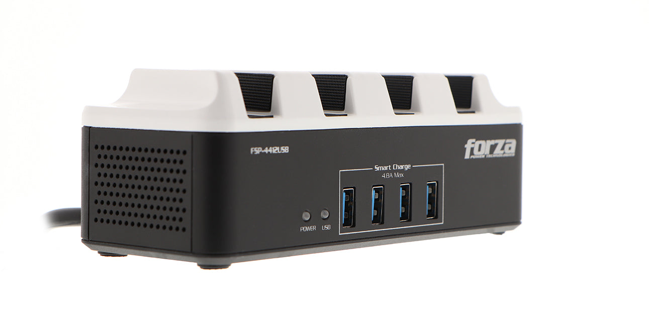 Regulador de Voltaje Forza FSP-4412USB | 4 Tomacorrientes NEMA + 4 Puertos de Carga USB | 1300W | CE-REG-01