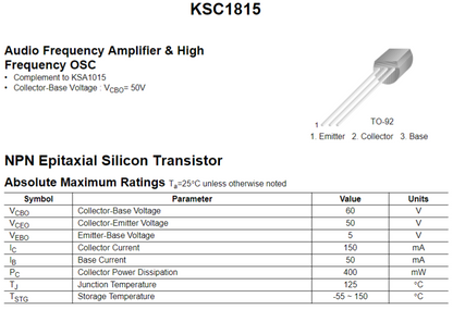 Transistor 2SC10815 / KSC1815 / C1815 | 10 Pack | 50V / 0.15A | NPN | TO-92 | CE-TRA-12