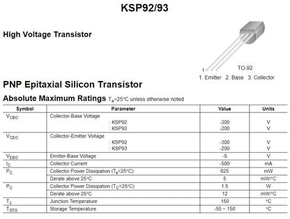 Transistor MPSA92 / KSP92 / A92 | 2 Pack | 300V / 0.5A | PNP | TO-92 | CE-TRA-14