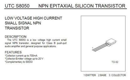 Transistor S8050 / 8050C | 2 Pack | 20V / 0.7A | NPN | TO-92 | CE-TRA-19