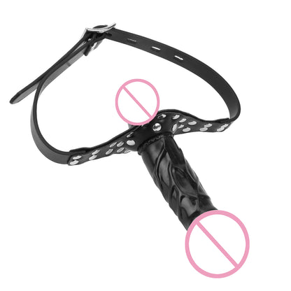 Strap On - Arnés de Cabeza | Doble Dildo 14cm/3cm + 5cm/3cm | Negro | Ajustable | Silicona + Cuerina | CJS-AR-06