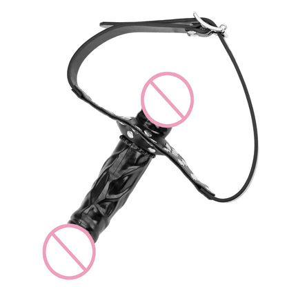 Strap On - Arnés de Cabeza | Doble Dildo 14cm/3cm + 5cm/3cm | Negro | Ajustable | Silicona + Cuerina | CJS-AR-06