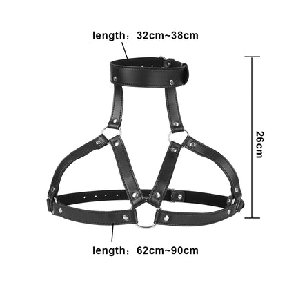 Arnés de Pecho + Mordaza con Prensas para Pezones | BDSM | Cuerina + Metal | Ajustable | Negro | CJS-AR-07