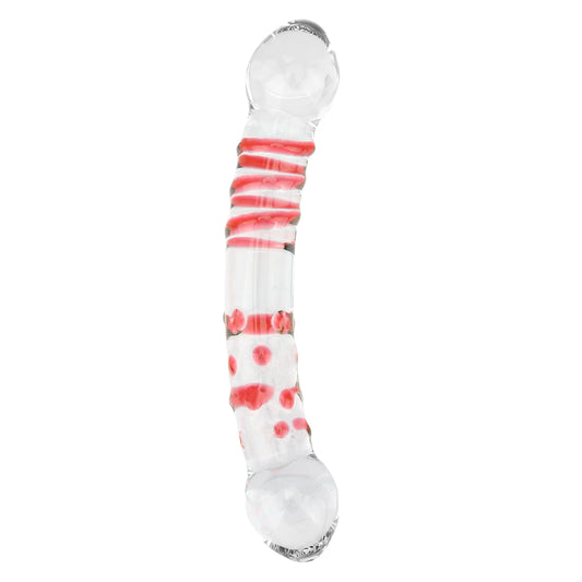 Dildo - Consolador | Doble Cabeza | Curvo con Relieve / Texturas | Transparente + Rojo | Vidrio | 19.5cm / 3.5cm | CJS-CO-20