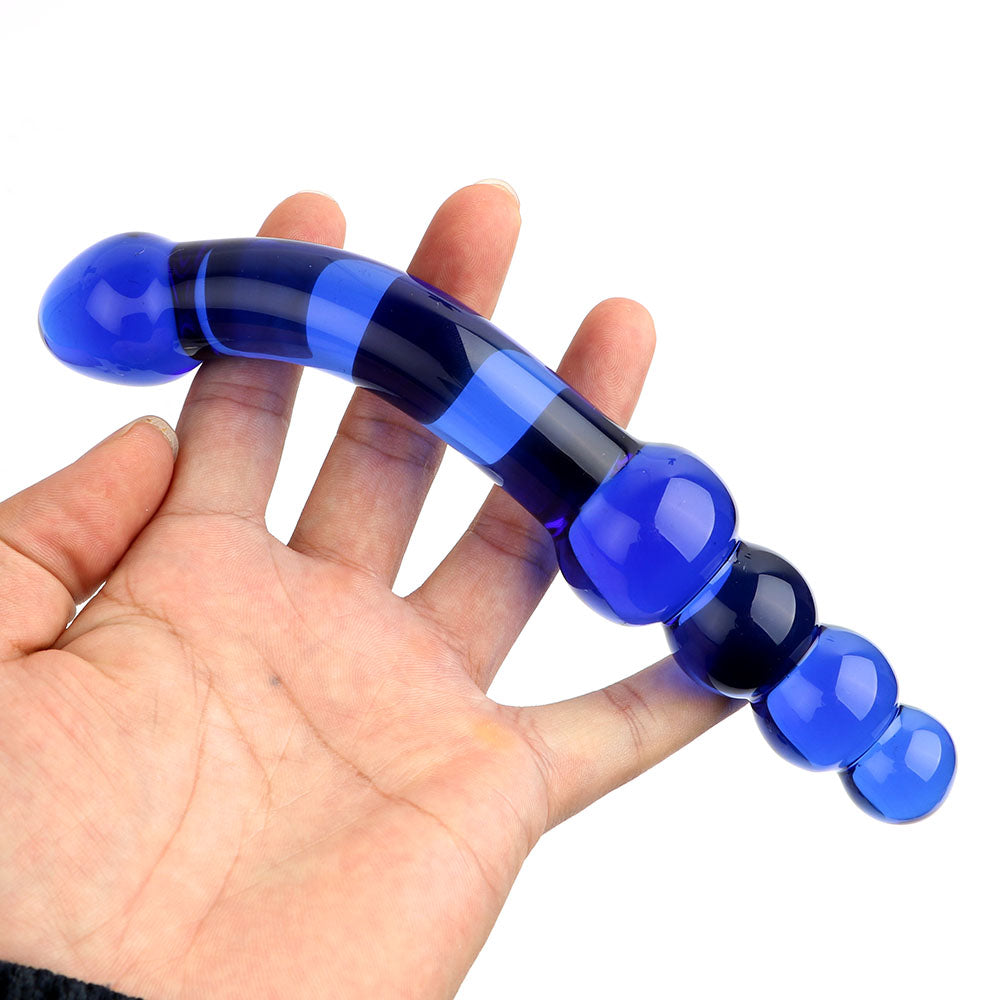 Dildo - Consolador / Bolas Anales | Doble Cabeza | Curvo | Azul | Vidrio | 20cm / 3.1cm | CJS-CO-21