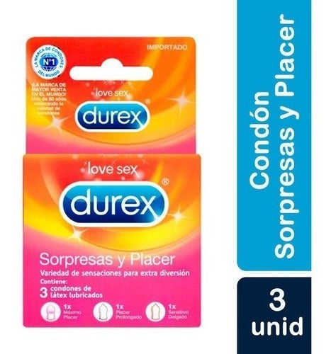 Condón / Preservativo Durex Sorpresas y Placer | 3 Pack | Lubricado | Látex Natural | CJS-CON-10