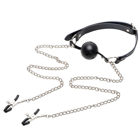 Mordaza con Prensas para Pezones | BDSM | ABS / Cuerina / Metal |  CJS-MO-06