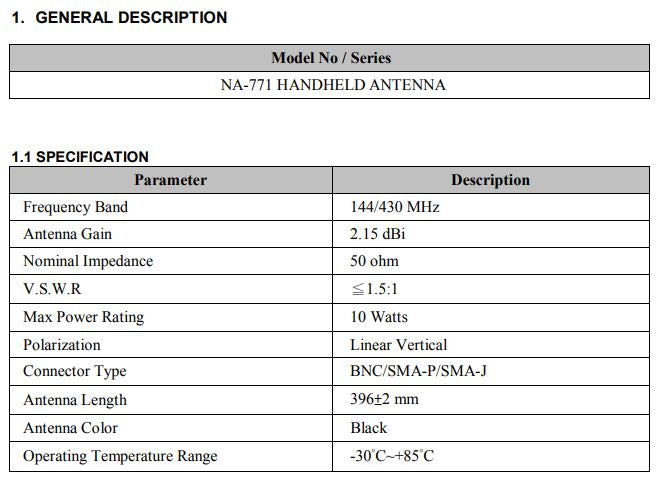 Antena Nagoya NA-771 | UHF / VHF | 2.15dBi | 39.6cm | SMA Hembra | CRC-AN-01